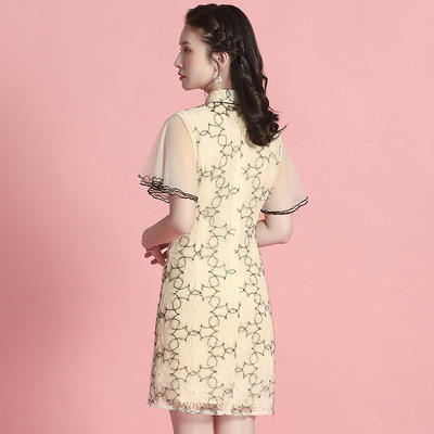 AYK- QF-201119 网纱黑丝花朵改良旗袍时尚短袖立领修身连衣裙2021夏新品国风 商品图3