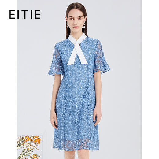 EITIE爱特爱夏季新款优雅洋气V领飘带收腰显瘦通勤蕾丝连衣裙B2107716 商品图0