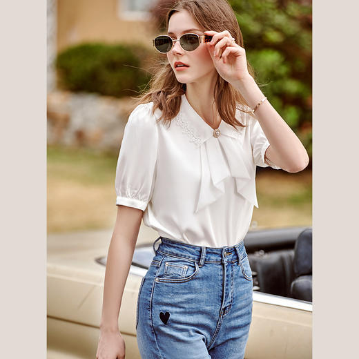 欧芮儿雪纺衬衫女2021新款法式蕾丝拼接领结泡泡袖设计感上衣 商品图2
