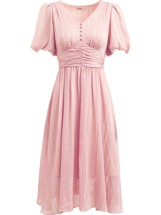 欧芮儿粉色雪纺连衣裙女2021收腰显瘦V领灯笼袖气质优雅裙子 商品图3