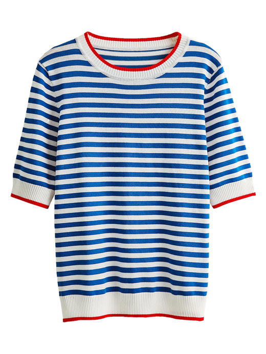 
欧芮儿短袖针织t恤女冰丝薄款条纹新款2021圆领休闲套头上衣 商品图3