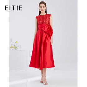 EITIE爱特爱夏季新款精致蕾丝拼接大蝴蝶结包肩袖红色礼服裙6077713