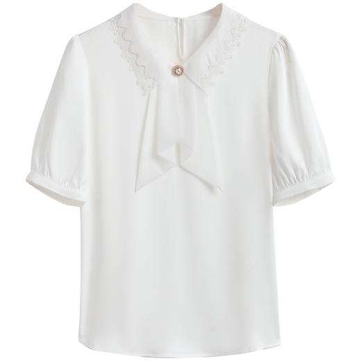 欧芮儿雪纺衬衫女2021新款法式蕾丝拼接领结泡泡袖设计感上衣 商品图3
