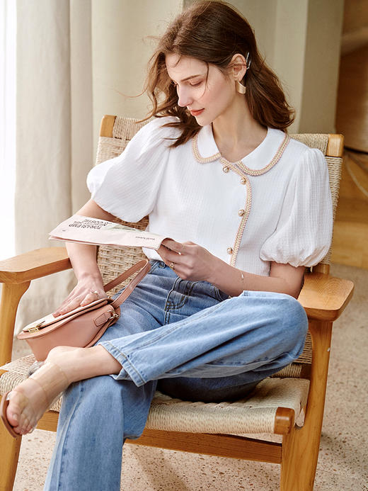 欧芮儿衬衫女设计感小众2021新款中国风国潮钉珠泡泡袖上衣 商品图0