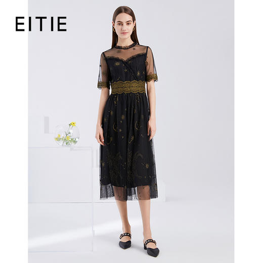 EITIE爱特爱夏季新款洋气网纱时尚性感一字领收腰显瘦连衣裙6077711 商品图0