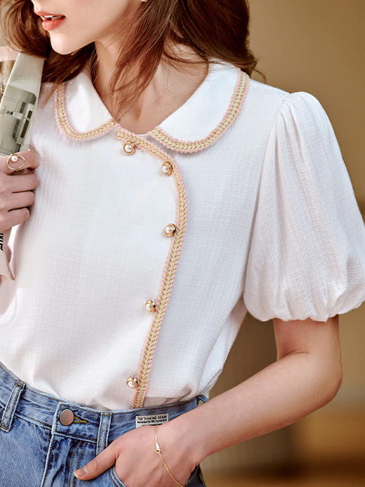 欧芮儿衬衫女设计感小众2021新款中国风国潮钉珠泡泡袖上衣 商品图1