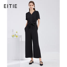 EITIE爱特爱夏季新款时尚通勤V领显瘦收腰铆钉直筒阔腿连体裤6007726