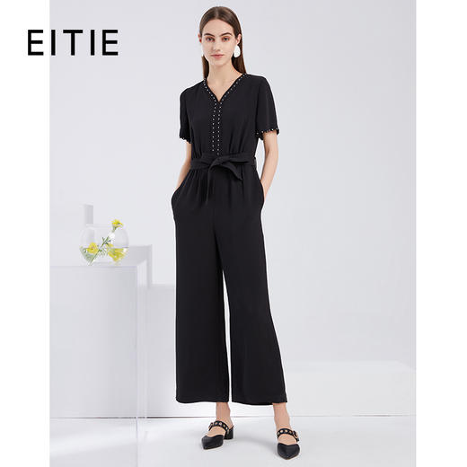 EITIE爱特爱夏季新款时尚通勤V领显瘦收腰铆钉直筒阔腿连体裤6007726 商品图0