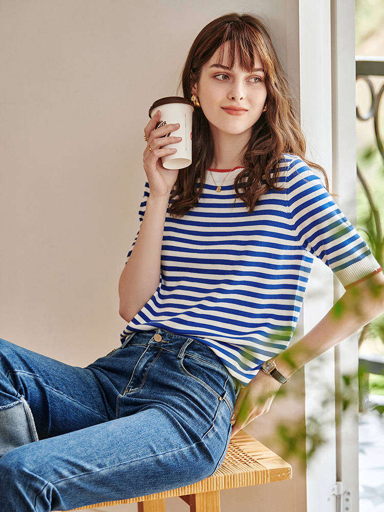 
欧芮儿短袖针织t恤女冰丝薄款条纹新款2021圆领休闲套头上衣