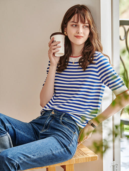 
欧芮儿短袖针织t恤女冰丝薄款条纹新款2021圆领休闲套头上衣 商品图0