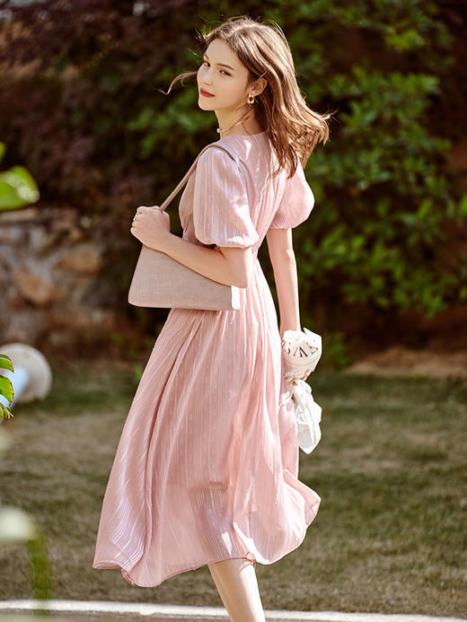 欧芮儿粉色雪纺连衣裙女2021收腰显瘦V领灯笼袖气质优雅裙子 商品图2