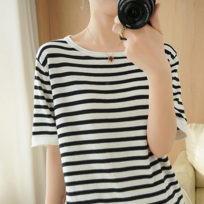 【清爽减龄 柔糯有型】棉麻针织条纹T恤  4色可选