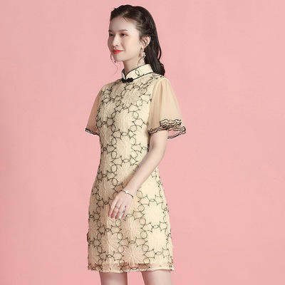 AYK- QF-201119 网纱黑丝花朵改良旗袍时尚短袖立领修身连衣裙2021夏新品国风 商品图1