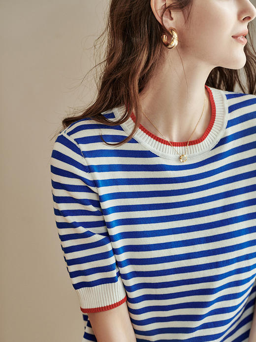 
欧芮儿短袖针织t恤女冰丝薄款条纹新款2021圆领休闲套头上衣 商品图1