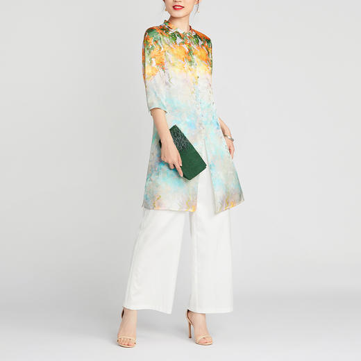 TANGY Collection/天意精品2021年夏季新品中式立领丝粘印花长衬衫 商品图1