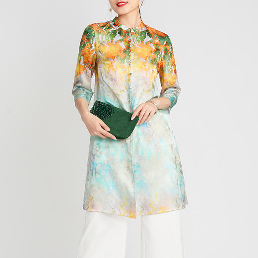 TANGY Collection/天意精品2021年夏季新品中式立领丝粘印花长衬衫 商品图3