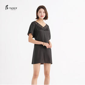 TANGY Collection/天意精品春秋新品蕾丝拼接莨绸家居服V领睡裙