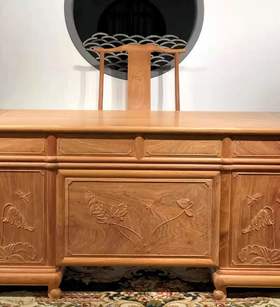 红桥红  家具严选  缅甸花梨（大果紫檀）  【165 四抽屉荷韵办公桌两件套】