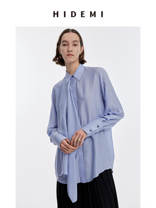 HIDEMI 马卡龙蓝丝巾设计感柔顺桑蚕丝衬衫 商品图7