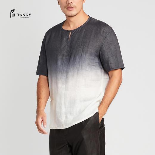 TANGY Collection/天意精品夏季款烟灰色亚麻吊染上衣男士休闲T恤 商品图0