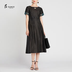 TANGY Collection/天意精品2021年夏季新品真丝撞色编织莨绸连衣裙