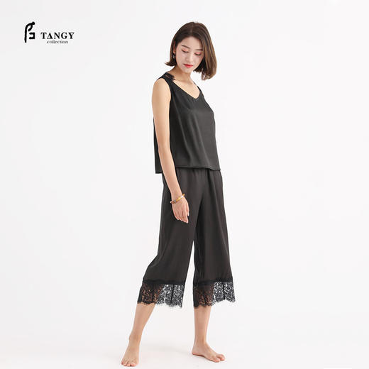 TANGY Collection/天意精品莨绸家居服休闲裤蕾丝拼接桑蚕丝七分裤 商品图0