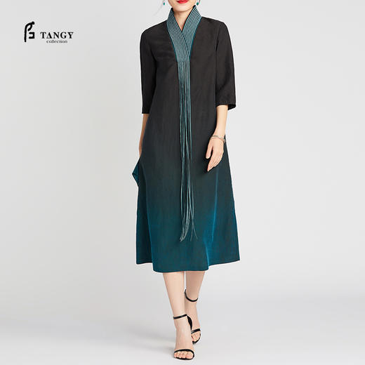 TANGY Collection/天意精品2021年夏季新品真丝流苏吊染莨绸连衣裙 商品图0