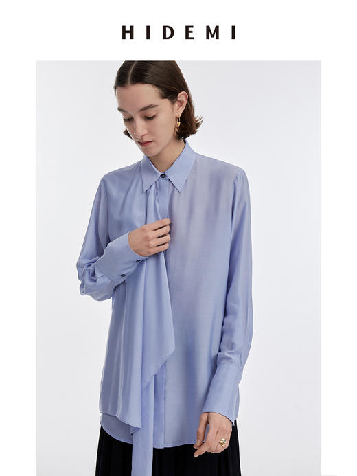 HIDEMI 马卡龙蓝丝巾设计感柔顺桑蚕丝衬衫 商品图10