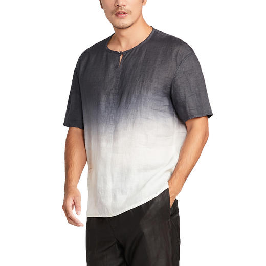 TANGY Collection/天意精品夏季款烟灰色亚麻吊染上衣男士休闲T恤 商品图4