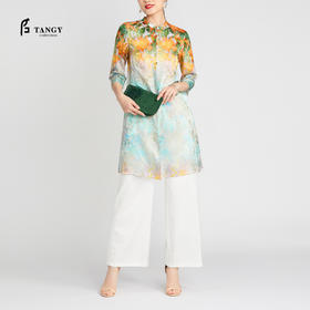 TANGY Collection/天意精品2021年夏季新品中式立领丝粘印花长衬衫