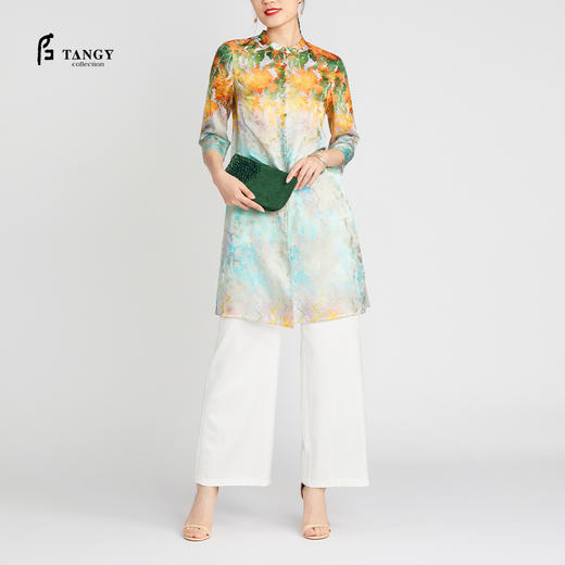 TANGY Collection/天意精品2021年夏季新品中式立领丝粘印花长衬衫 商品图0