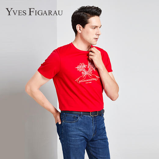 YvesFigarau伊夫·费嘉罗夏季新款100%棉男士简约印花舒适透气休闲圆领短袖T恤916863 商品图1