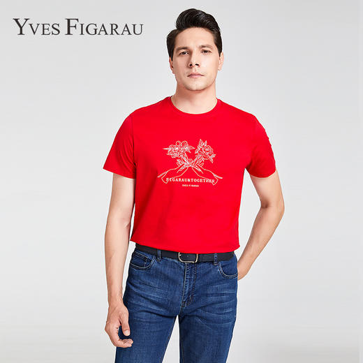 YvesFigarau伊夫·费嘉罗夏季新款100%棉男士简约印花舒适透气休闲圆领短袖T恤916863 商品图2