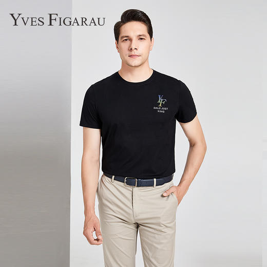 YvesFigarau伊夫·费嘉罗夏季新款男士简约舒适修身透气商务休闲圆领短袖T恤916860 商品图0