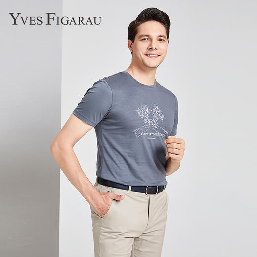 YvesFigarau伊夫·费嘉罗新款夏季男士简约印花舒适透气休闲圆领短袖T恤916867 商品图2