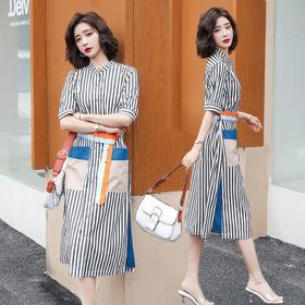 JY-S2123 2021新款夏装条纹连衣裙韩版通勤宽松收腰短袖连衣裙