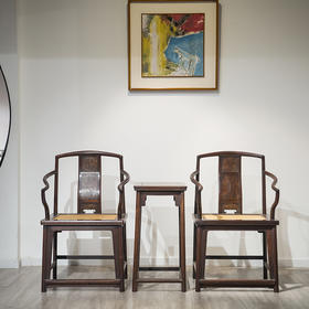 清代 红木镶瘿木三攒靠背南官帽椅（两椅一几）