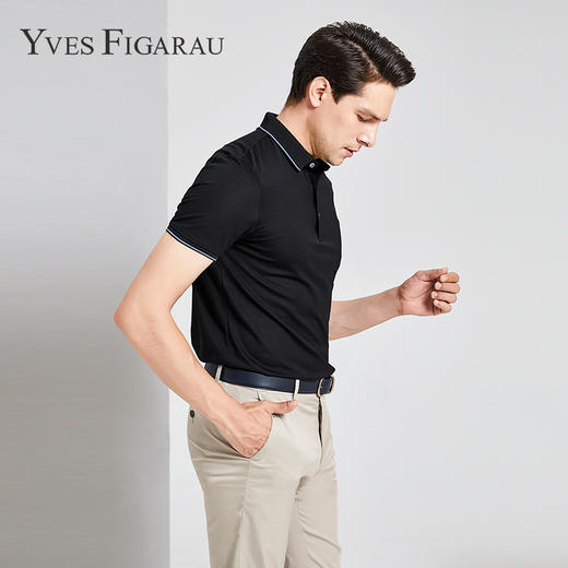 YvesFigarau伊夫·费嘉罗夏季新款男士简约舒适修身透气商务休闲翻领短袖T恤915870 商品图1