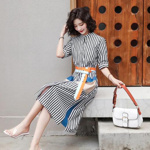 JY-S2123 2021新款夏装条纹连衣裙韩版通勤宽松收腰短袖连衣裙 商品图2