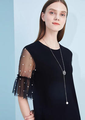 YINER女装2019夏季新款钉珠网纱喇叭袖连衣裙8C39206400