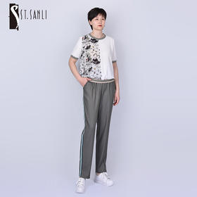 圣三利女装新春夏季拼接款圆领花色雪纺衫SL121K05