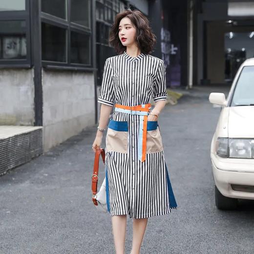 JY-S2123 2021新款夏装条纹连衣裙韩版通勤宽松收腰短袖连衣裙 商品图1