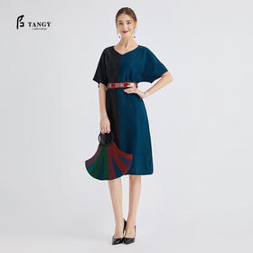 TANGY Collection/天意精品秋冬新品芦野系列兰莨V领拼色连衣裙