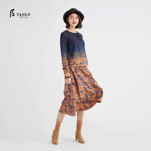 TANGY Collection / 天意精品 烟蓝系列 莨绸印花半裙 商品图0