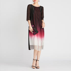 TANGY Collection/天意精品2021年春夏新品真丝线迹莨绸吊染连衣裙