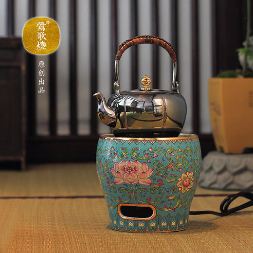 莺歌烧珐琅彩大宝蓝底 莲花纹电陶炉煮茶家用茶炉 铁壶银壶泡茶煮茶器 新品珐琅彩风炉 商品图1