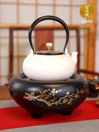 莺歌烧黑底梅花大金大银松电陶炉 煮茶家用茶炉 铁壶银壶煮茶器泡茶电炉静音台式 商品图1