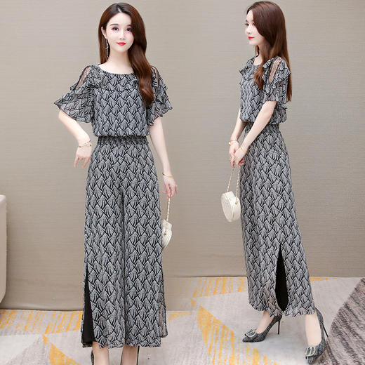 YWE  BJP36修身气质优雅五分袖雪纺衫休闲阔腿裤 商品图0