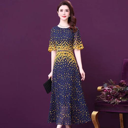 WXY-YNQ-8113新款时尚优雅气质修身圆领短袖长款雪纺碎花连衣裙 商品图2