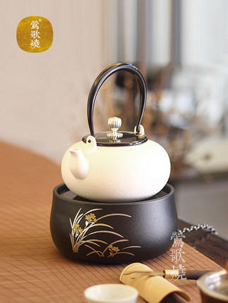 莺歌烧黑底兰花电陶炉 茶炉家用静音铁壶银壶铜壶专用炉烧水炉煮茶器 商品图1